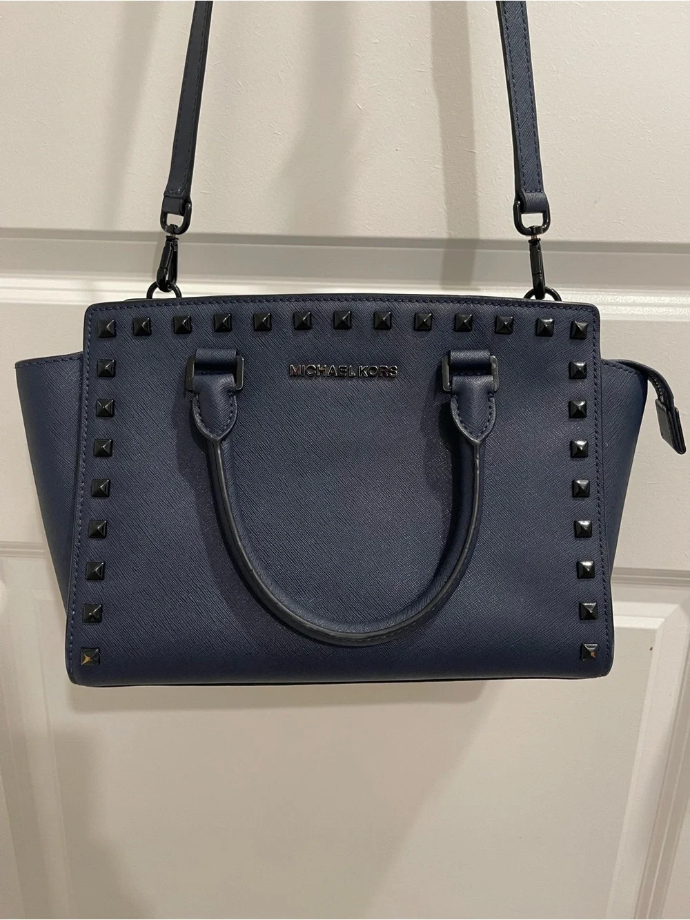 Michael Kors Navy Studded Saffiano Satchel